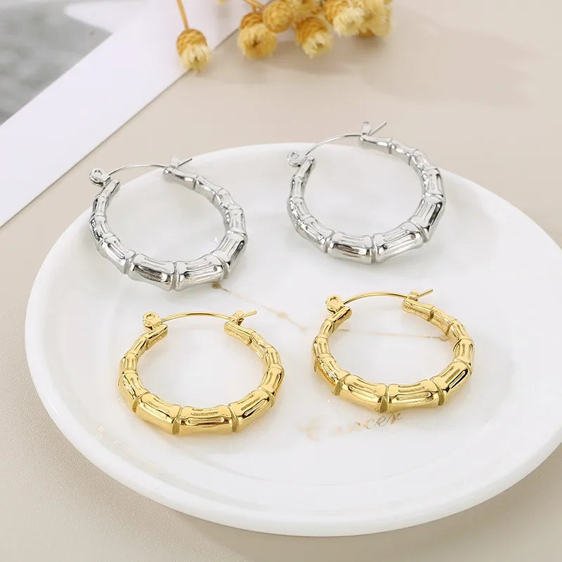 1 Pair Simple Style Bamboo Joint Solid Color 304 Stainless Steel 18K Gold Plated Hoop Earrings