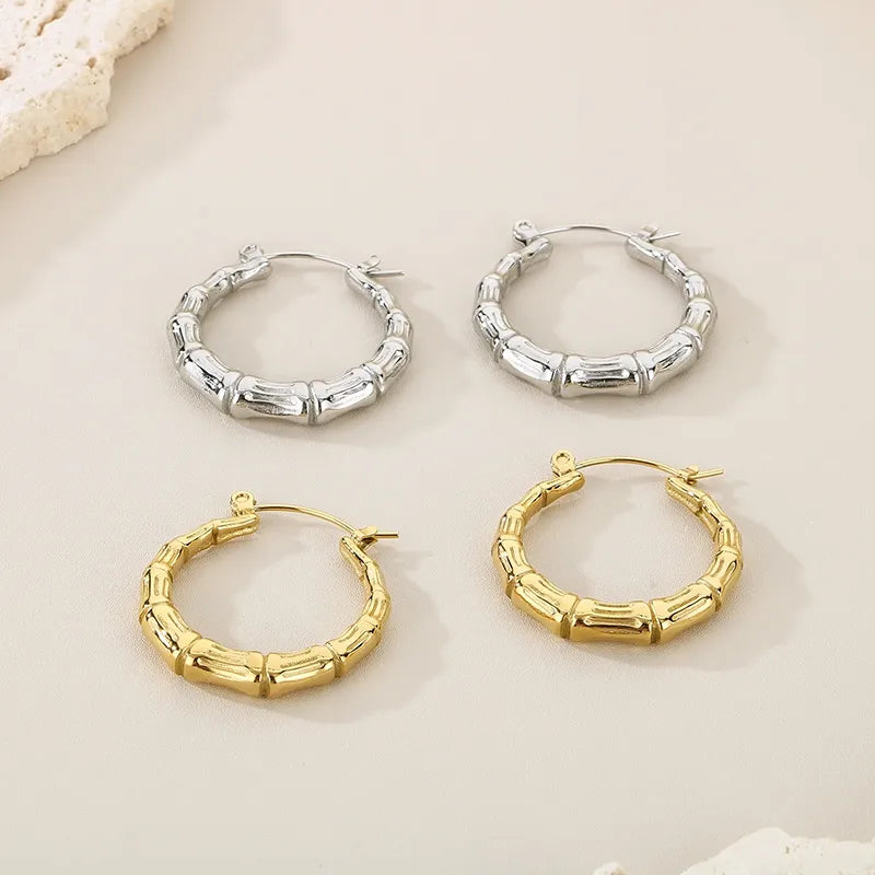 1 Pair Simple Style Bamboo Joint Solid Color 304 Stainless Steel 18K Gold Plated Hoop Earrings