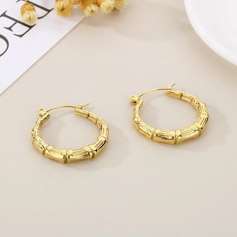 1 Pair Simple Style Bamboo Joint Solid Color 304 Stainless Steel 18K Gold Plated Hoop Earrings