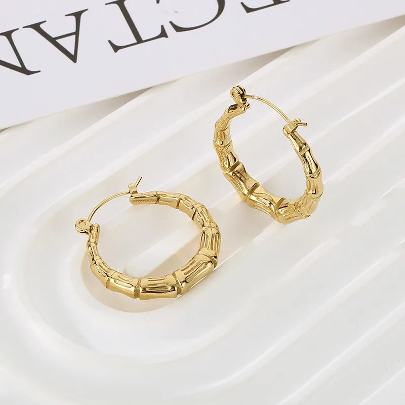 1 Pair Simple Style Bamboo Joint Solid Color 304 Stainless Steel 18K Gold Plated Hoop Earrings