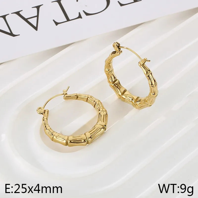 1 Pair Simple Style Bamboo Joint Solid Color 304 Stainless Steel 18K Gold Plated Hoop Earrings