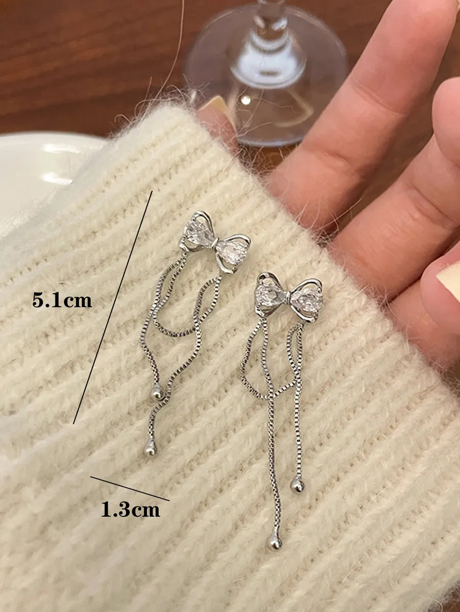 1 Pair Simple Style Bow Knot Inlay Alloy Rhinestones Drop Earrings