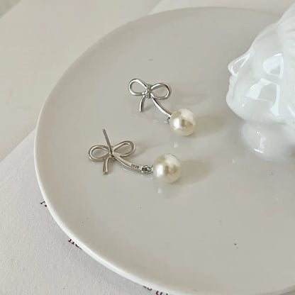 1 Pair Simple Style Bow Knot Inlay Sterling Silver Pearl Drop Earrings