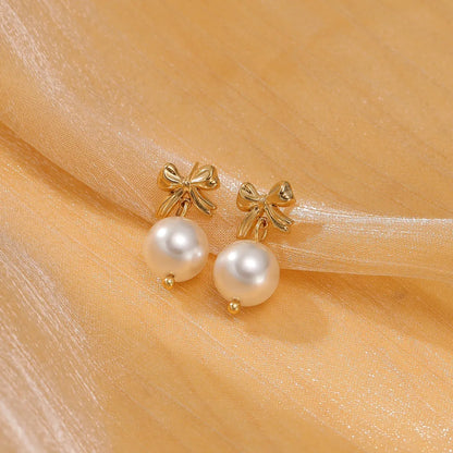 1 Pair Simple Style Bow Knot Plating 304 Stainless Steel Artificial Pearl Earrings