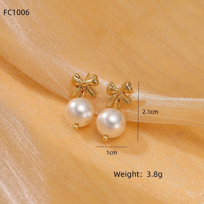 1 Pair Simple Style Bow Knot Plating 304 Stainless Steel Artificial Pearl Earrings