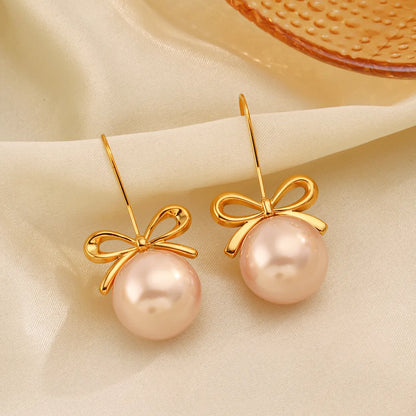 1 Pair Simple Style Bow Knot Plating Inlay 304 Stainless Steel Artificial Pearls 18K Gold Plated Drop Earrings