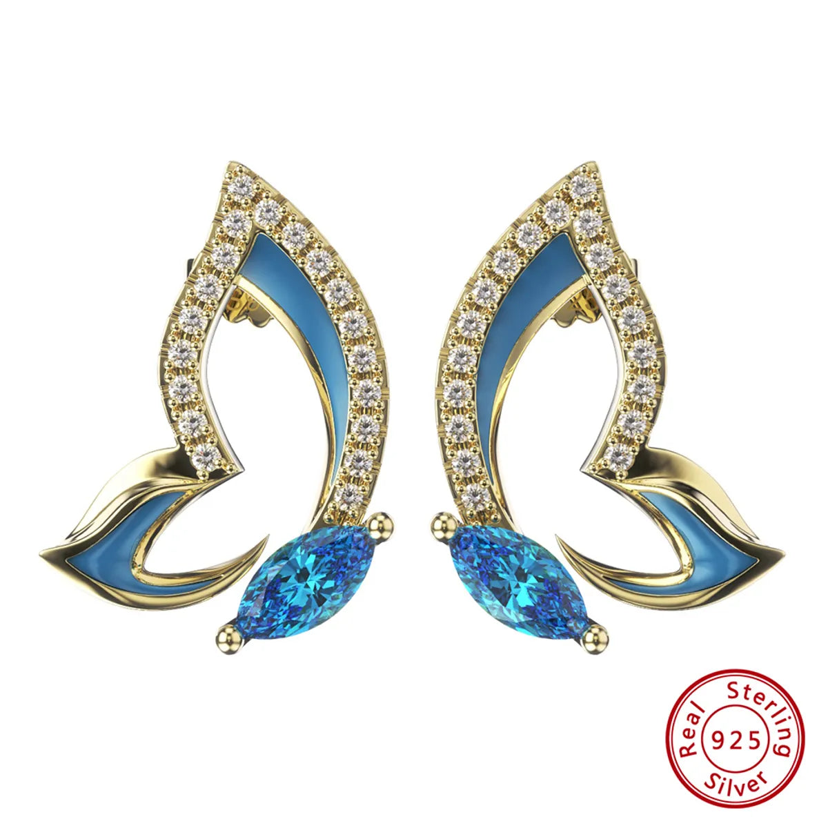 1 Pair Simple Style Butterfly Epoxy Plating Inlay Sterling Silver Zircon 14k Gold Plated White Gold Plated Ear Studs