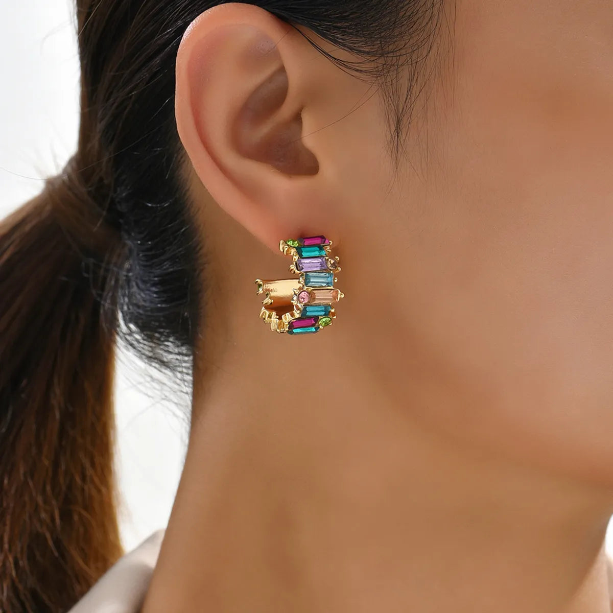 1 Pair Simple Style C Shape Inlay Alloy Artificial Gemstones Ear Studs