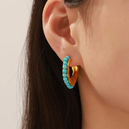 1 Pair Simple Style C Shape Plating Inlay 304 Stainless Steel Turquoise Turquoise 18K Gold Plated Earrings