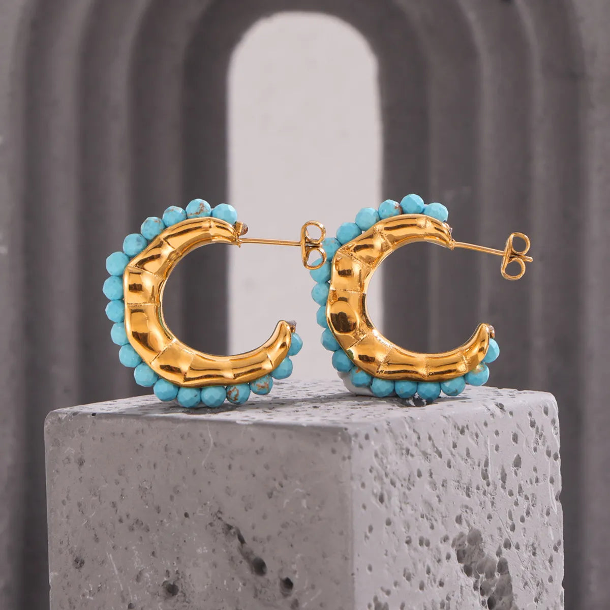 1 Pair Simple Style C Shape Plating Inlay 304 Stainless Steel Turquoise Turquoise 18K Gold Plated Earrings