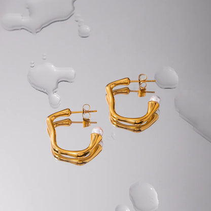 1 Pair Simple Style C Shape Plating Inlay Stainless Steel Artificial Pearls 14k Gold Plated Ear Studs