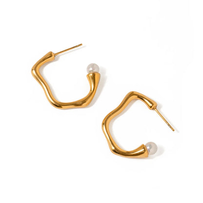 1 Pair Simple Style C Shape Plating Inlay Stainless Steel Artificial Pearls 14k Gold Plated Ear Studs