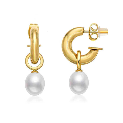 1 Pair Simple Style C Shape Plating Inlay Stainless Steel Pearl 18k Gold Plated Drop Earrings