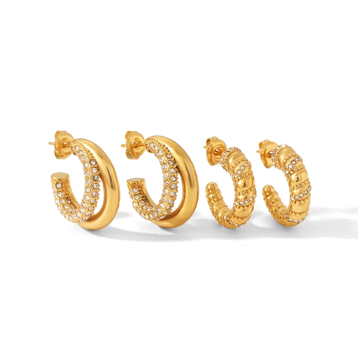 1 Pair Simple Style C Shape Plating Inlay Stainless Steel Rhinestones 18k Gold Plated Ear Studs