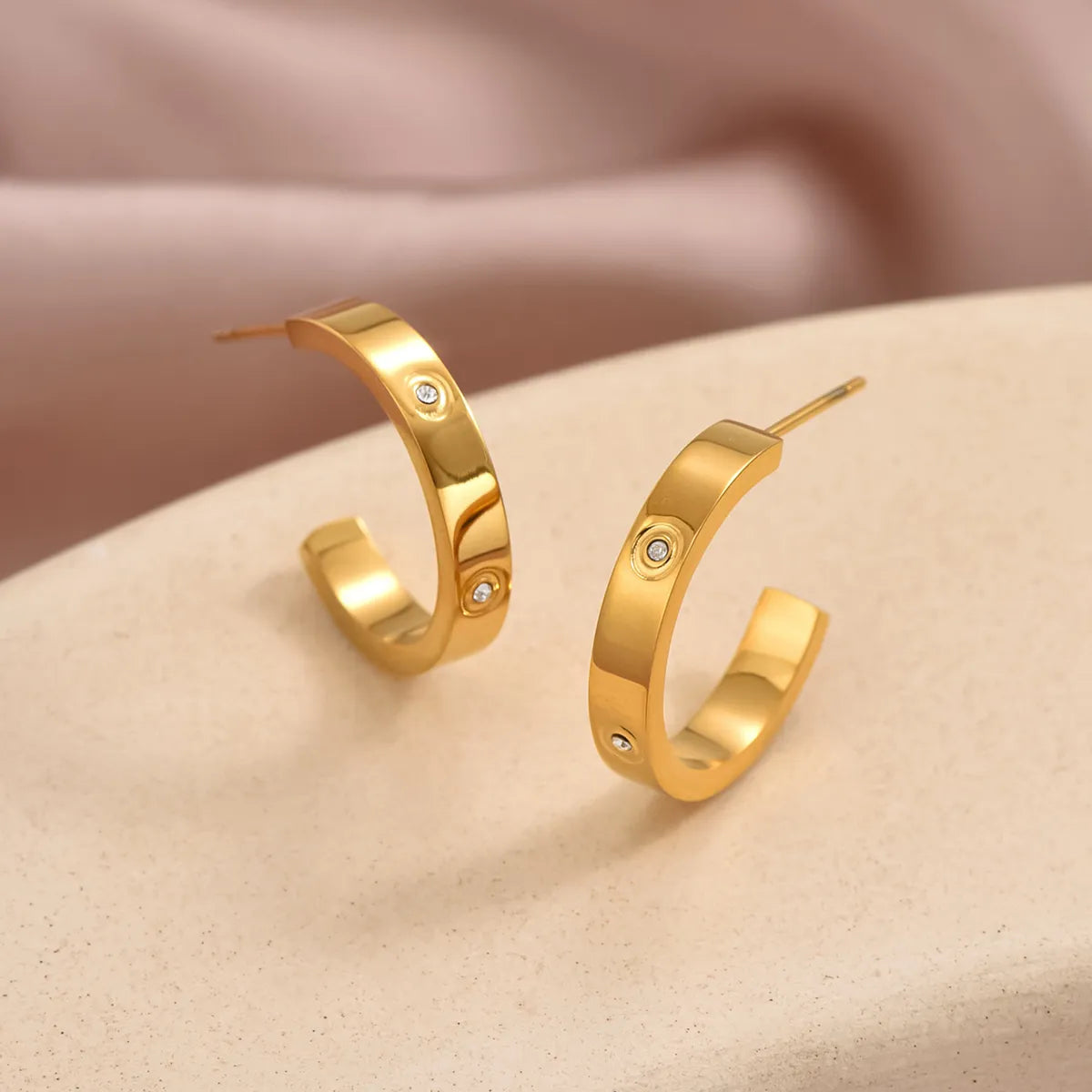 1 Pair Simple Style C Shape Plating Inlay Stainless Steel Zircon 14k Gold Plated Ear Studs