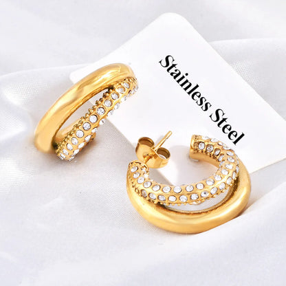 1 Pair Simple Style C Shape Plating Inlay Titanium Steel Artificial Diamond Ear Studs