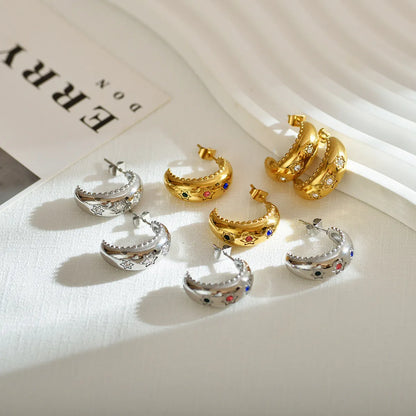 1 Pair Simple Style C Shape Star Plating Inlay Stainless Steel Zircon 18k Gold Plated Ear Studs