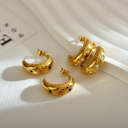 1 Pair Simple Style C Shape Star Plating Inlay Stainless Steel Zircon 18k Gold Plated Ear Studs