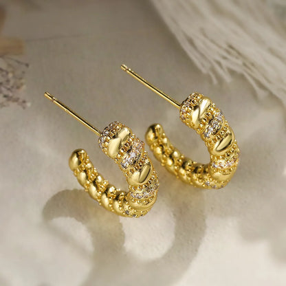 1 Pair Simple Style C Shape Water Droplets Solid Color Plating Inlay Copper Zircon 18k Gold Plated Ear Studs