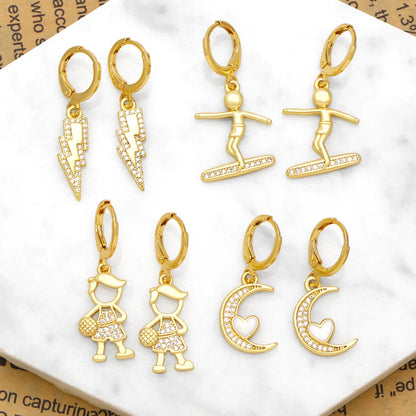 1 Pair Simple Style Cartoon Character Lightning Plating Inlay Copper Zircon 18k Gold Plated Drop Earrings