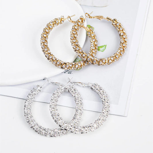 1 Pair Simple Style Circle Inlay Metal Rhinestones Hoop Earrings