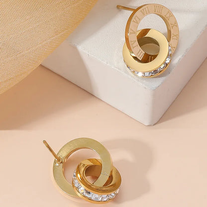 1 Pair Simple Style Circle Number Titanium Steel Plating Inlay Rhinestones 18k Gold Plated Ear Studs