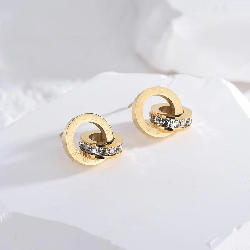 1 Pair Simple Style Circle Number Titanium Steel Plating Inlay Rhinestones 18k Gold Plated Ear Studs