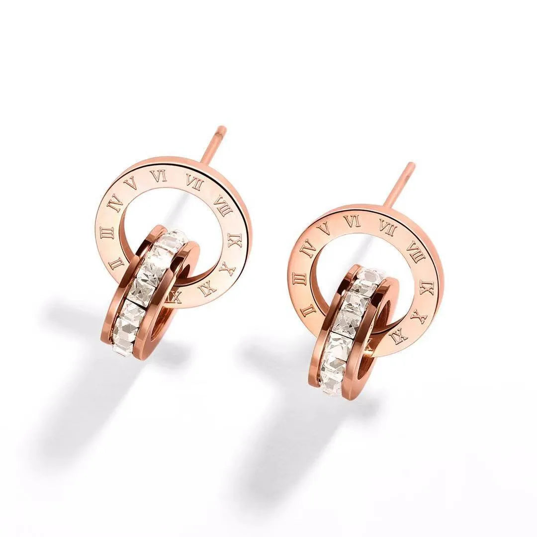 1 Pair Simple Style Circle Number Titanium Steel Plating Inlay Rhinestones 18k Gold Plated Ear Studs