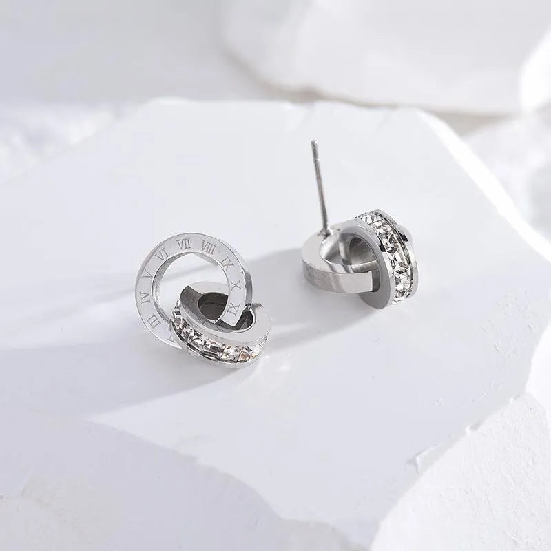 1 Pair Simple Style Circle Number Titanium Steel Plating Inlay Rhinestones 18k Gold Plated Ear Studs