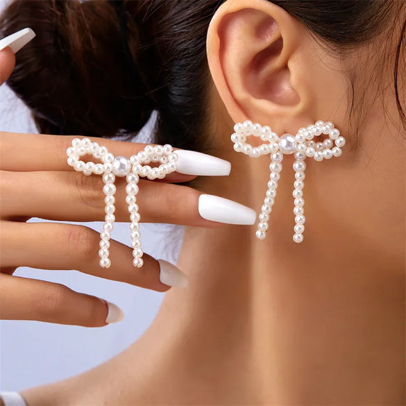 1 Pair Simple Style Classic Style Bow Knot Beaded Imitation Pearl Alloy Ear Studs