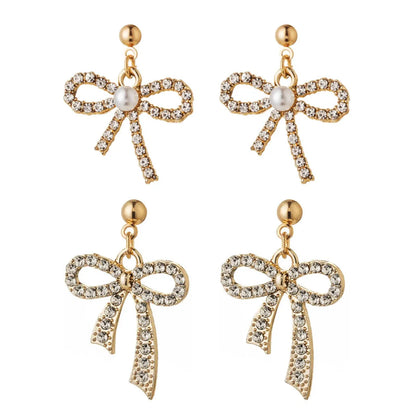 1 Pair Simple Style Classic Style Bow Knot Plating Inlay Alloy Rhinestones Gold Plated Silver Plated Drop Earrings