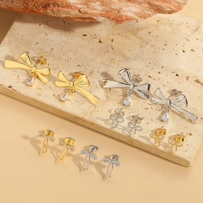 1 Pair Simple Style Classic Style Bow Knot Plating Inlay Copper Zircon 14K Gold Plated Ear Studs