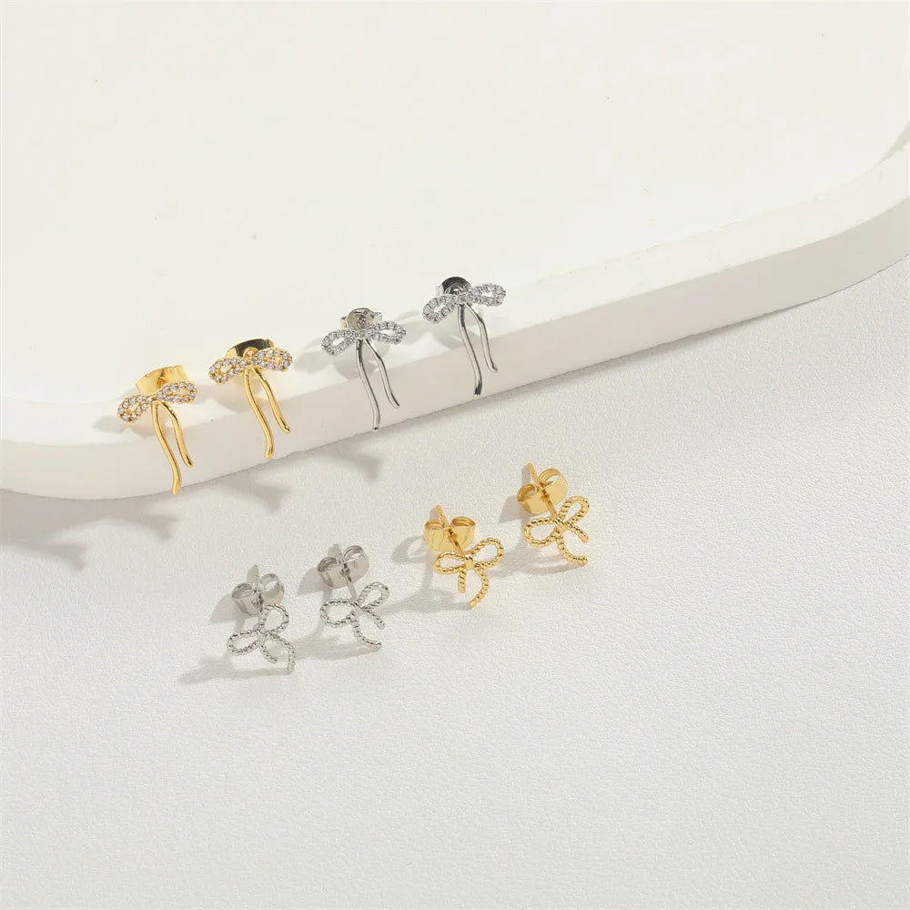 1 Pair Simple Style Classic Style Bow Knot Plating Inlay Copper Zircon 14K Gold Plated Ear Studs