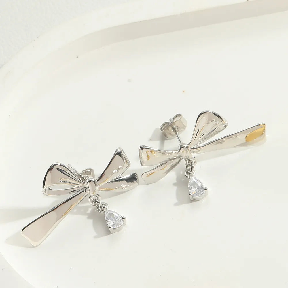 1 Pair Simple Style Classic Style Bow Knot Plating Inlay Copper Zircon 14K Gold Plated Ear Studs