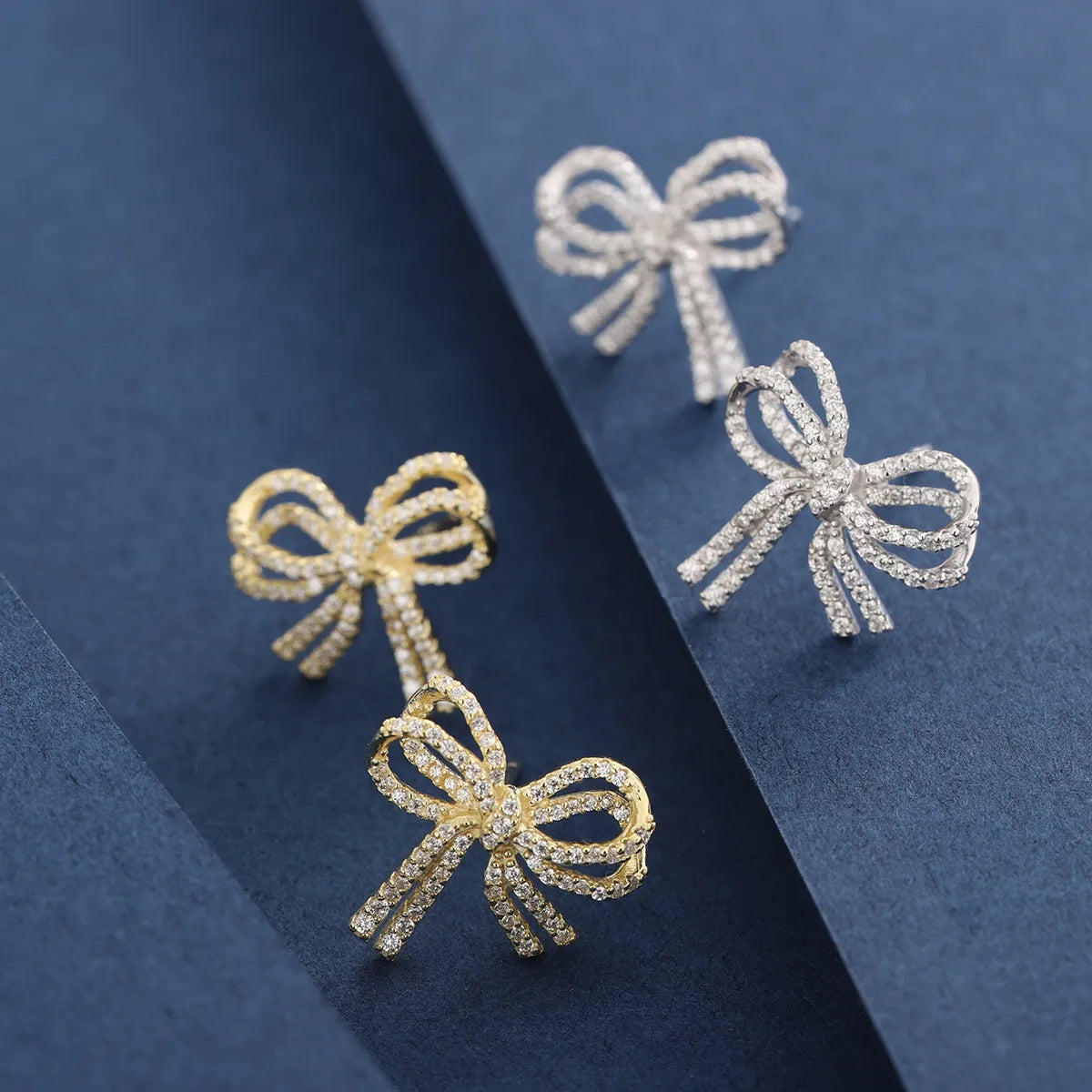 1 Pair Simple Style Classic Style Bow Knot Plating Inlay Sterling Silver Zircon 14K Gold Plated Ear Studs