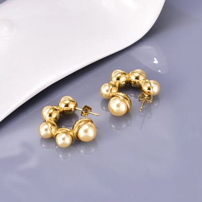 1 Pair Simple Style Classic Style C Shape Color Block Plating Inlay 304 Stainless Steel Titanium Steel Artificial Pearls 18K Gold Plated Ear Studs