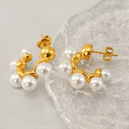 1 Pair Simple Style Classic Style C Shape Inlay 304 Stainless Steel Artificial Pearls 18K Gold Plated Ear Studs