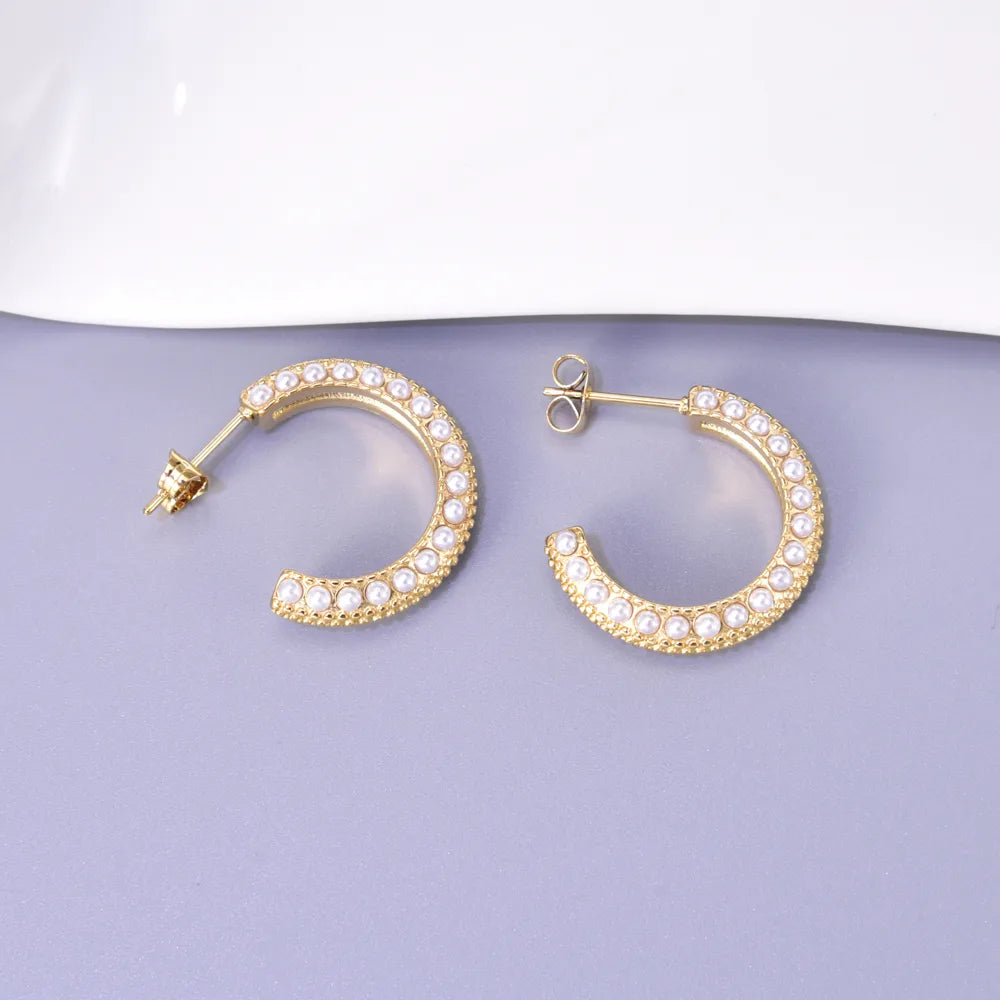 1 Pair Simple Style Classic Style C Shape Plating Inlay 304 Stainless Steel Titanium Steel Artificial Pearls 18K Gold Plated Ear Studs