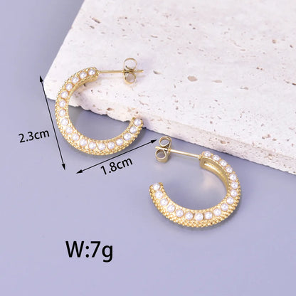 1 Pair Simple Style Classic Style C Shape Plating Inlay 304 Stainless Steel Titanium Steel Artificial Pearls 18K Gold Plated Ear Studs