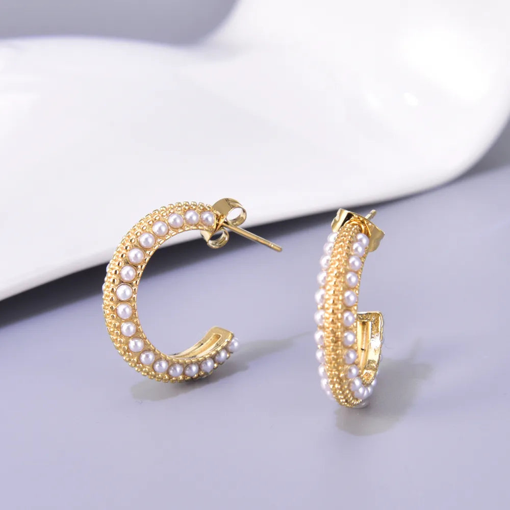 1 Pair Simple Style Classic Style C Shape Plating Inlay 304 Stainless Steel Titanium Steel Artificial Pearls 18K Gold Plated Ear Studs