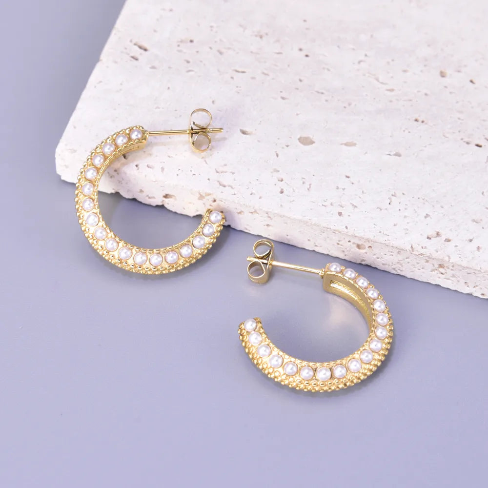 1 Pair Simple Style Classic Style C Shape Plating Inlay 304 Stainless Steel Titanium Steel Artificial Pearls 18K Gold Plated Ear Studs