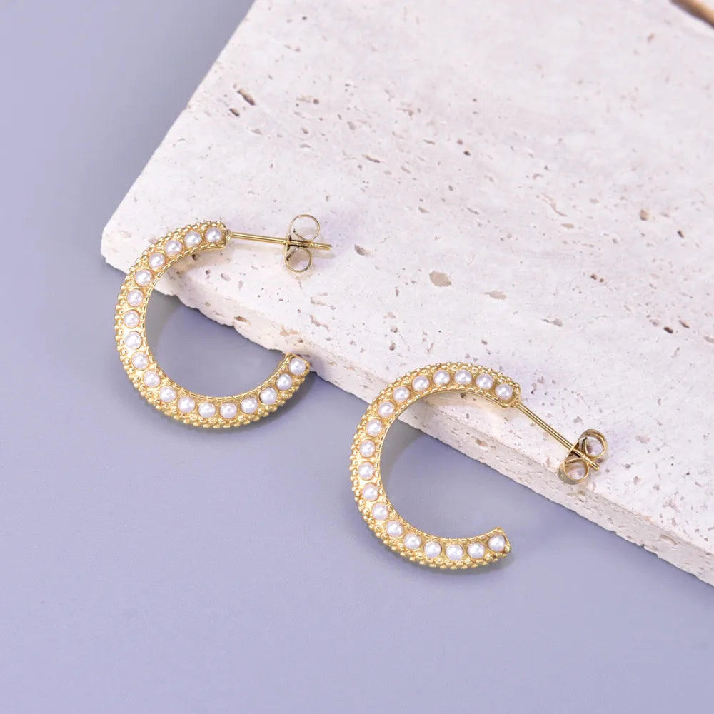 1 Pair Simple Style Classic Style C Shape Plating Inlay 304 Stainless Steel Titanium Steel Artificial Pearls 18K Gold Plated Ear Studs