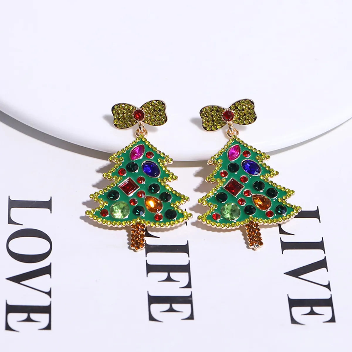 1 Pair Simple Style Classic Style Christmas Tree Bow Knot Inlay Alloy Rhinestones Drop Earrings