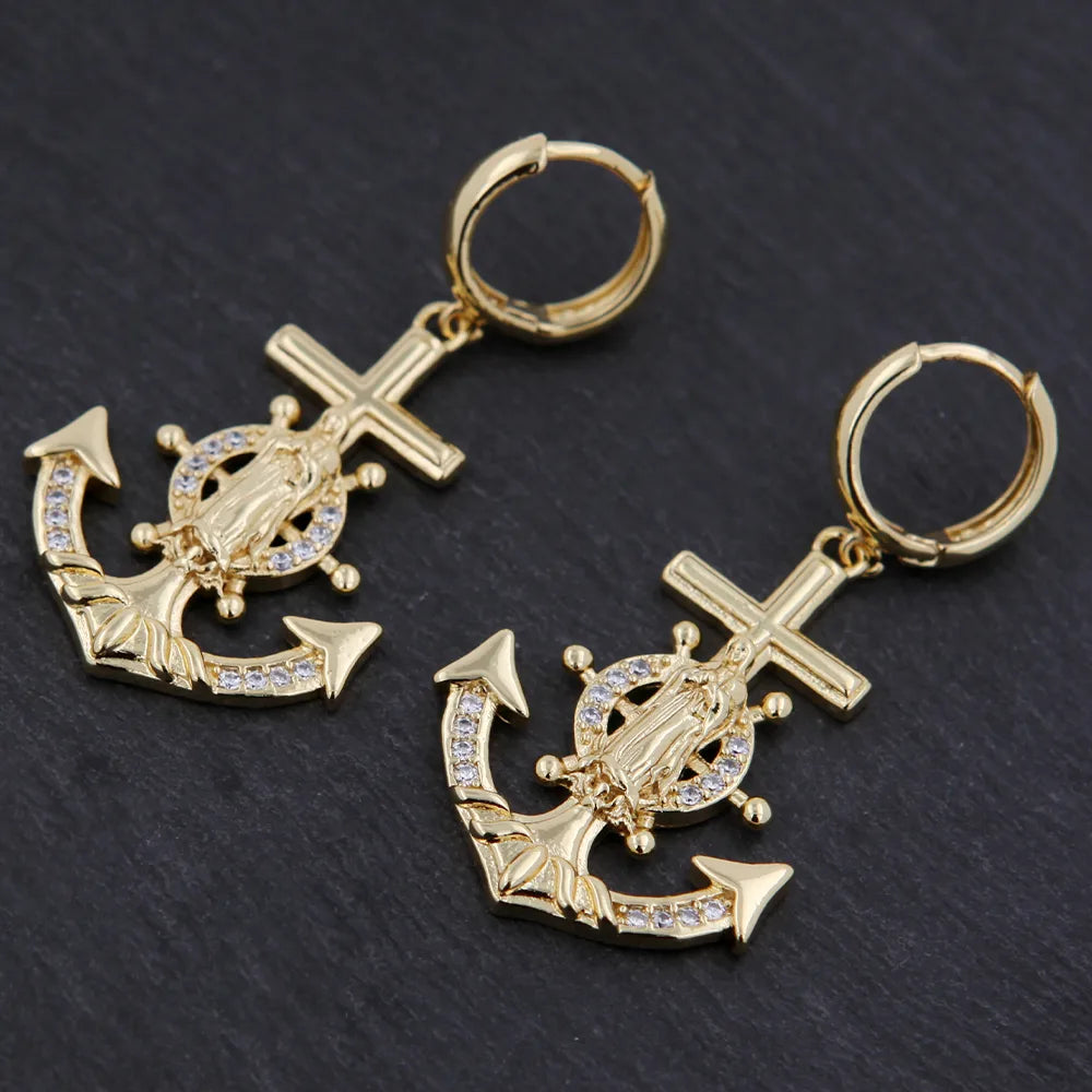 1 Pair Simple Style Classic Style Cross Anchor Plating Inlay Copper 18K Gold Plated Drop Earrings