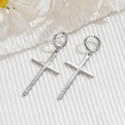 1 Pair Simple Style Classic Style Cross Polishing Inlay 304 Stainless Steel Zircon Drop Earrings