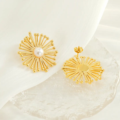 1 Pair Simple Style Classic Style Dandelion Plating Inlay 304 Stainless Steel Artificial Pearls 18K Gold Plated Ear Studs