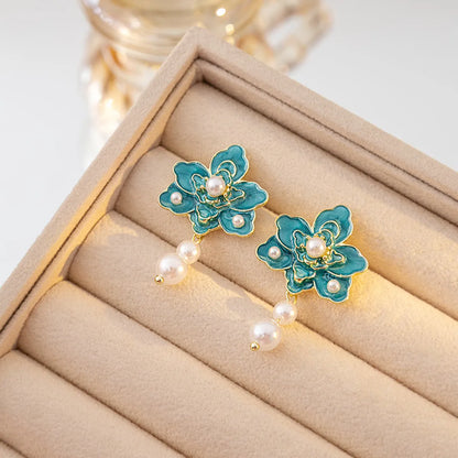 1 Pair Simple Style Classic Style Flower Inlay Zinc Alloy Pearl Drop Earrings