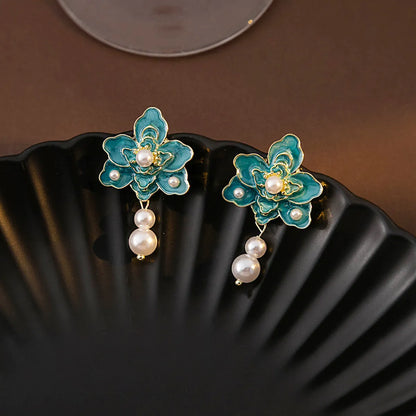 1 Pair Simple Style Classic Style Flower Inlay Zinc Alloy Pearl Drop Earrings