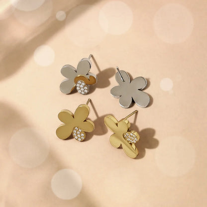 1 Pair Simple Style Classic Style Flower Petal Polishing Plating Inlay 304 Stainless Steel Rhinestones 18K Gold Plated Ear Studs