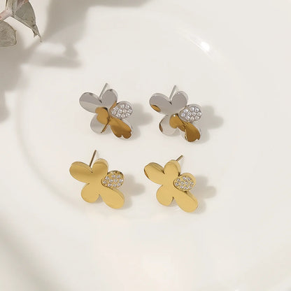 1 Pair Simple Style Classic Style Flower Petal Polishing Plating Inlay 304 Stainless Steel Rhinestones 18K Gold Plated Ear Studs